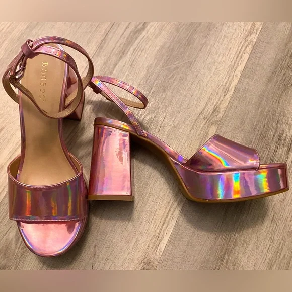Iridescent Pink Platform High Heels Chrome Metallic Retro Dance Go Go Sz 7.5 - Picture 2 of 15
